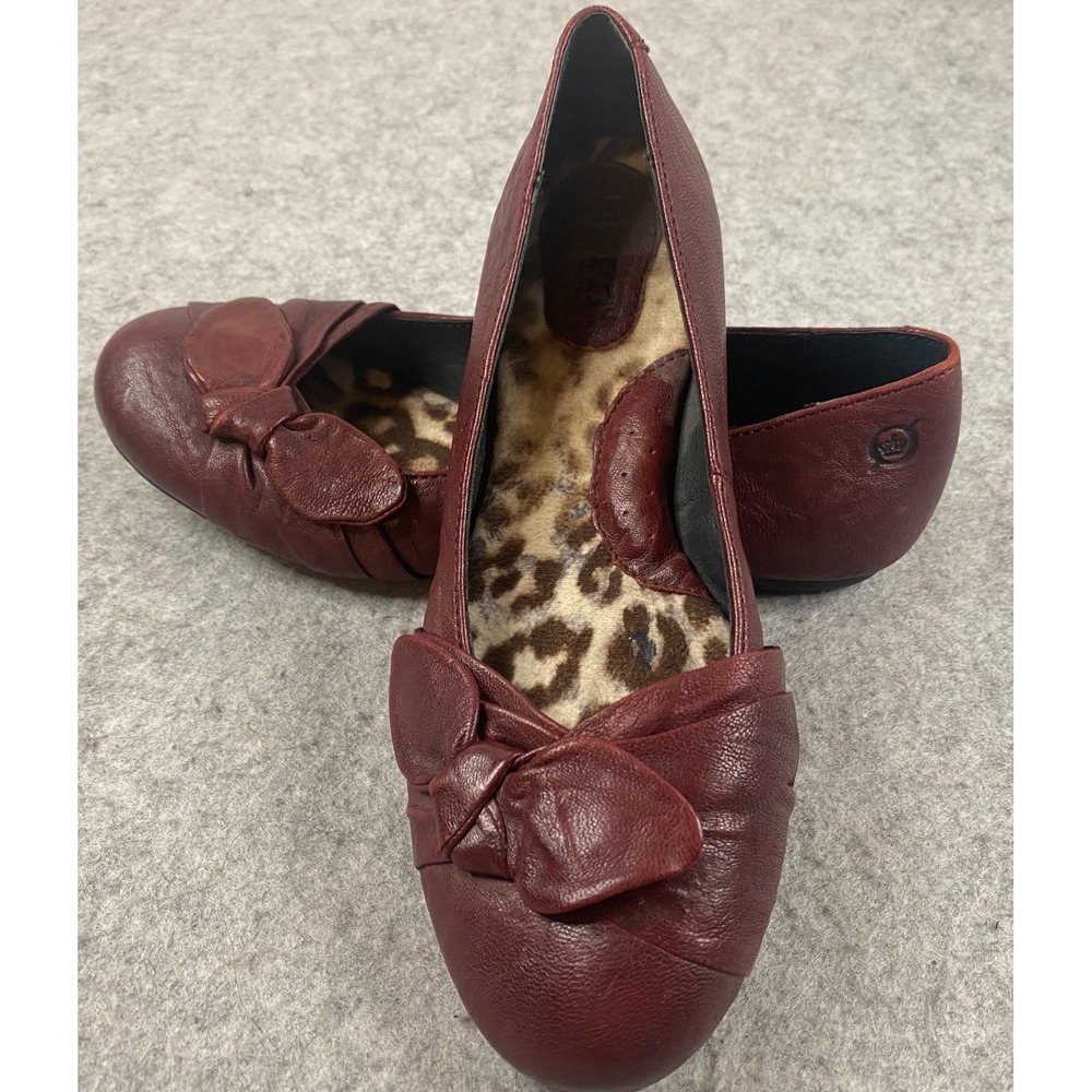 Born Julianne Burgundy Leather Ballet Flats Bow Leopard Print Lining Size 6 NWT